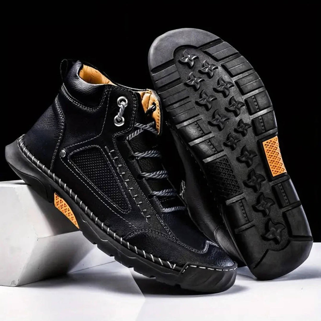 Rugged men's waterproof hiking boots, ideal for all-season outdoor adventures & durable trails.