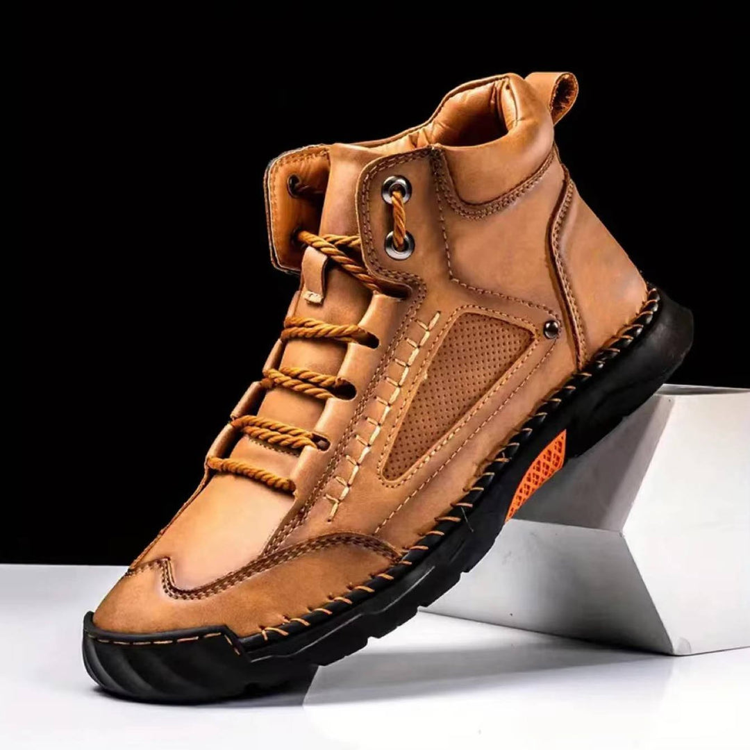 Comfortable men's hiking boots featuring superior arch support for long walks and hikes.