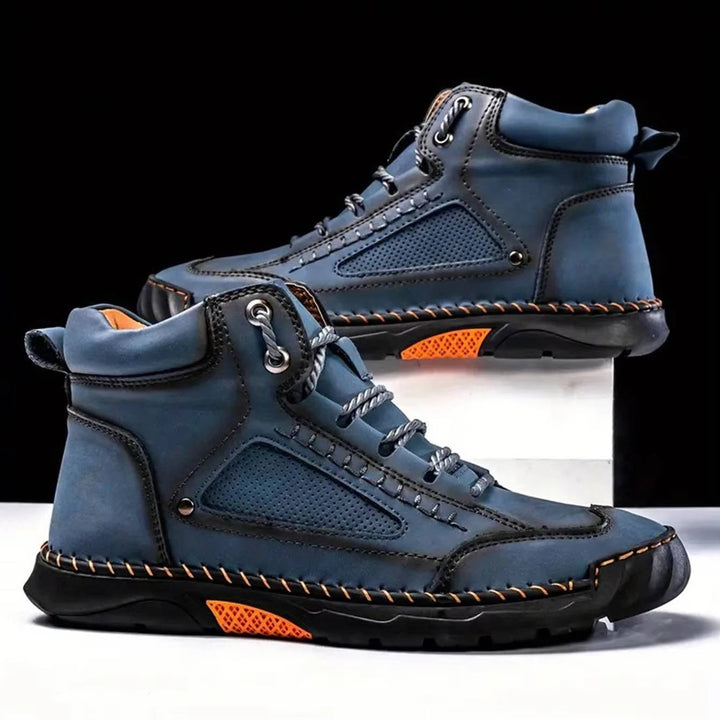 Front view: Men's all-season waterproof hiking boots, perfect for challenging outdoor terrain.
