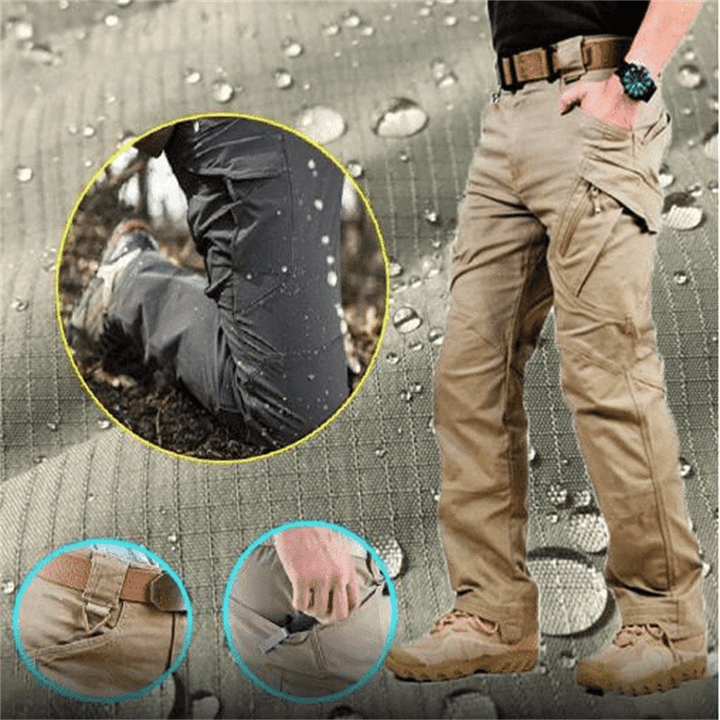 Durable men's waterproof cargo pants with multiple pockets for outdoor tactical use.