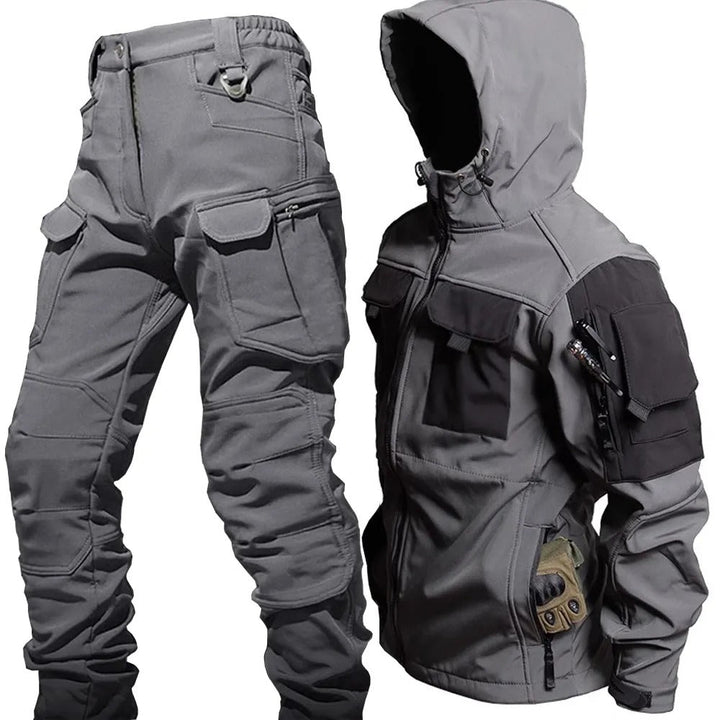 Men's waterproof & windproof outdoor jacket and pants set in dark green, ideal for hiking & trekking.