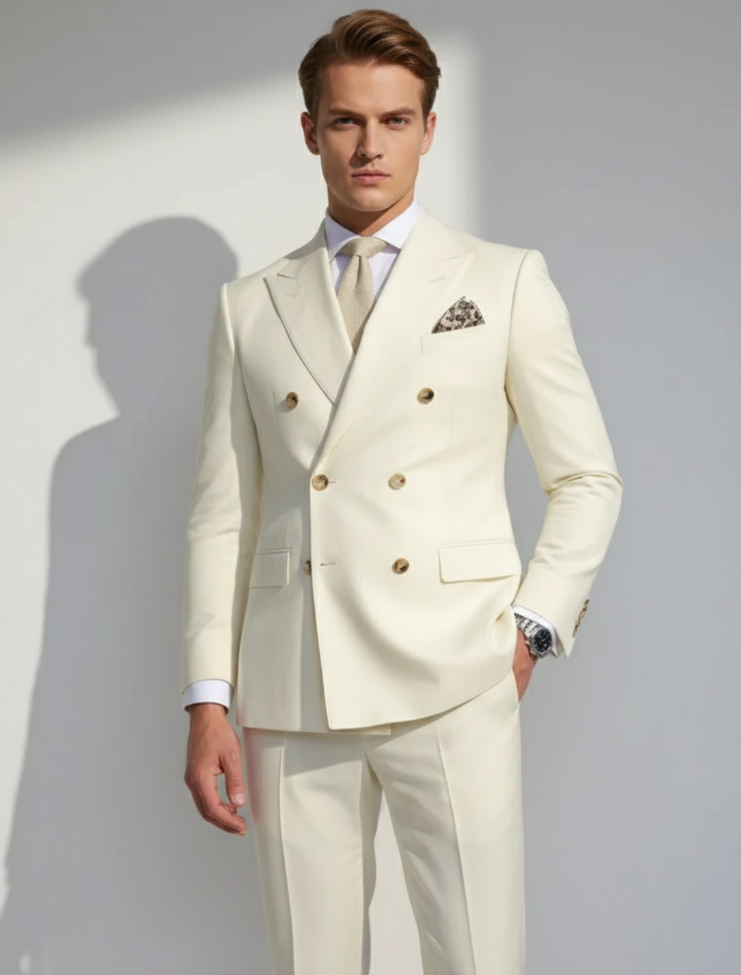 Men's white two-piece suit with gold accents, tailored for formal events, weddings, and proms. Elegant party wear.