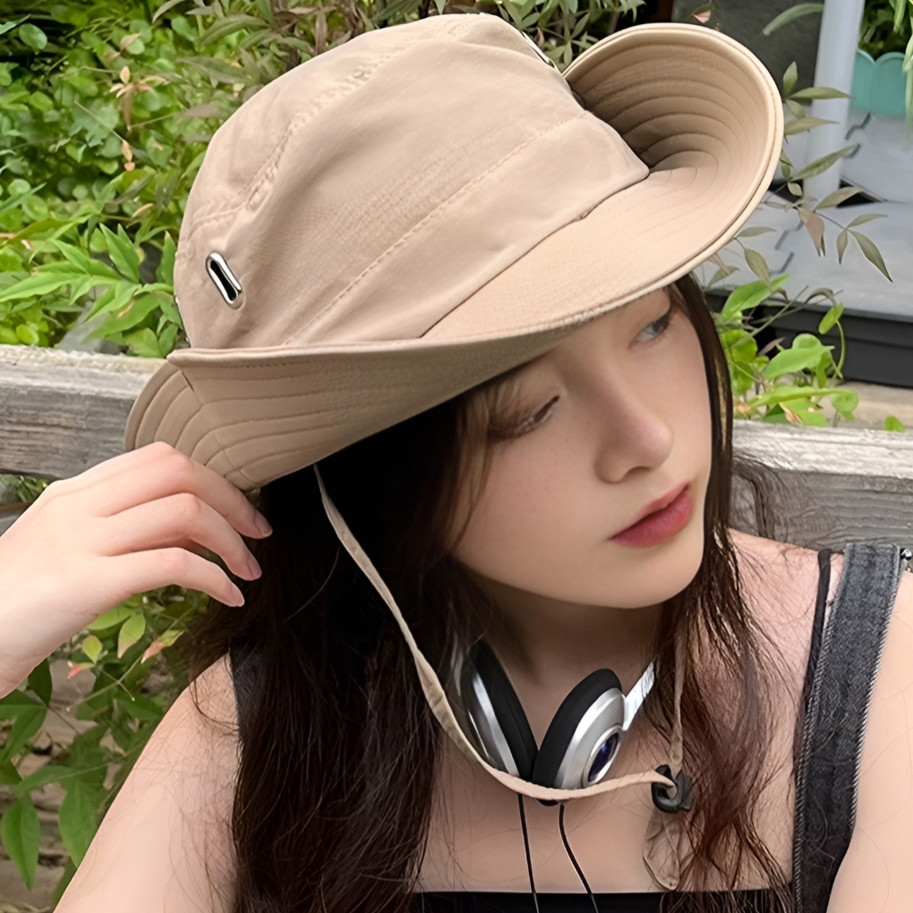 Men's wide brim sun hat with chin strap, ideal for UV protection during hiking, fishing, and general outdoor wear.