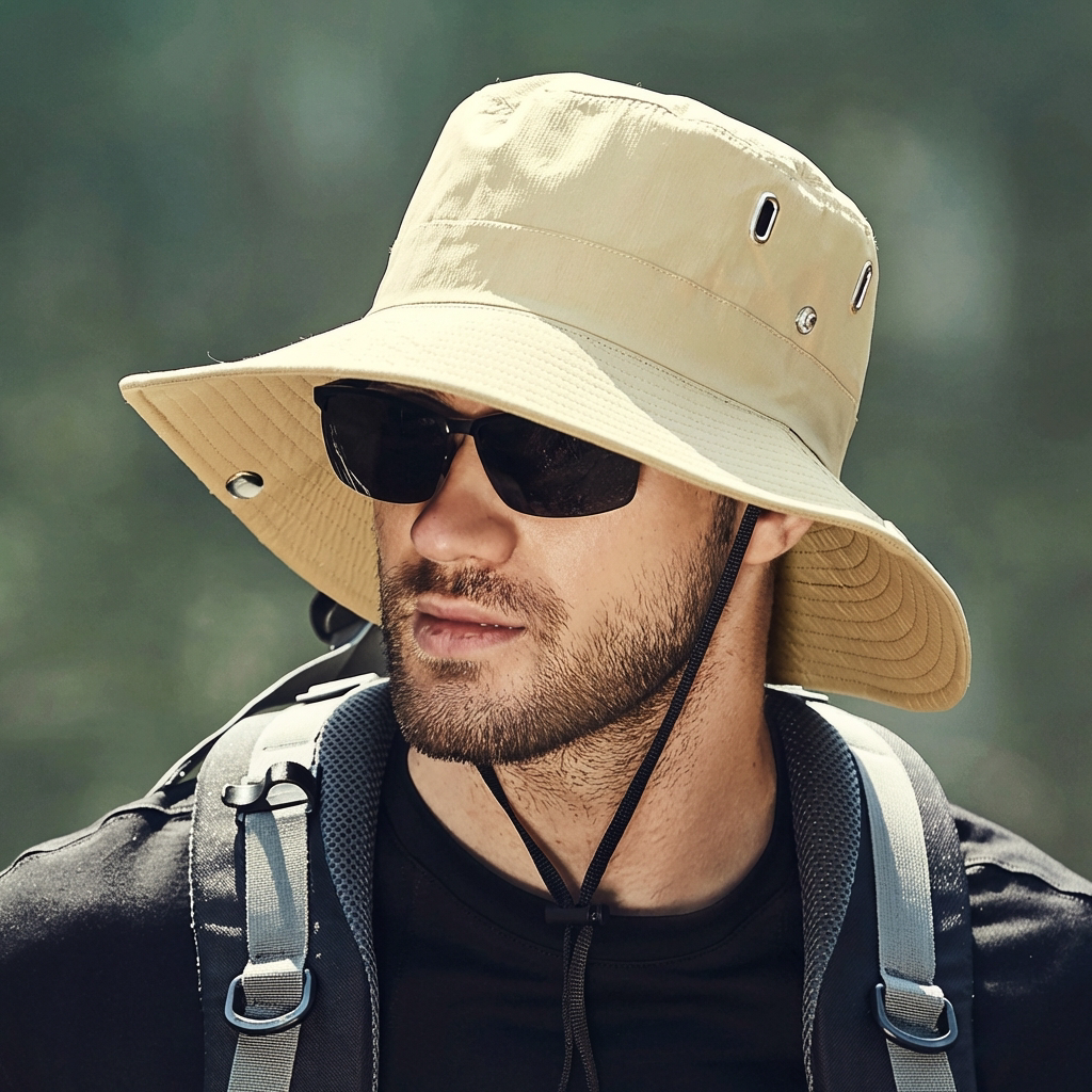 Durable men's wide brim sun hat with chin strap, perfect for hiking, fishing, and beach activities, offering UV protection.