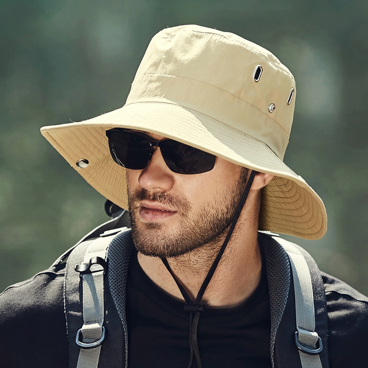 Durable men's wide brim sun hat with chin strap, perfect for hiking, fishing, and beach activities, offering UV protection.