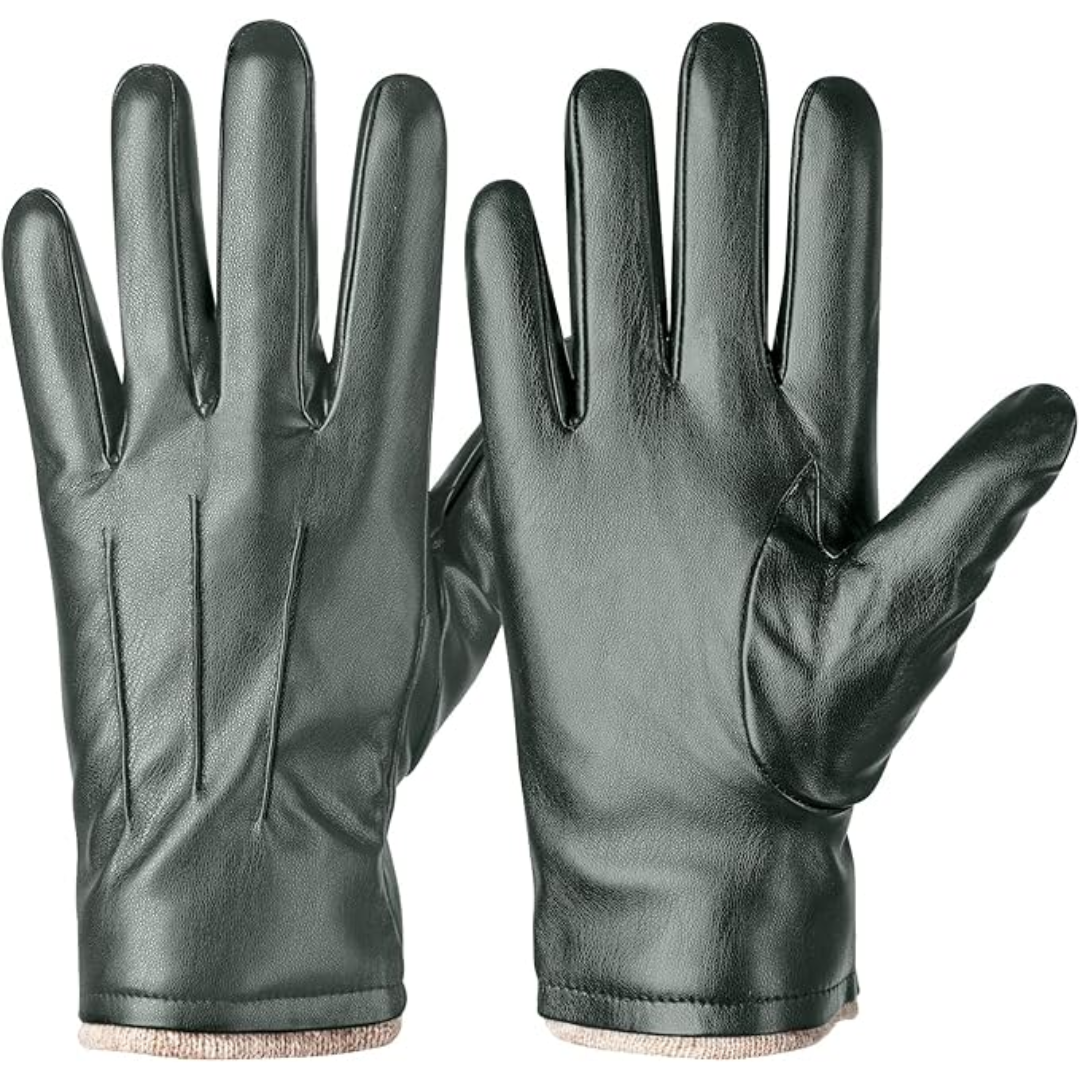 Elegant men's leather winter gloves, touchscreen ready, keeping hands warm in cold weather.