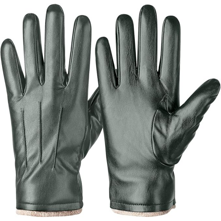 Elegant men's leather winter gloves, touchscreen ready, keeping hands warm in cold weather.