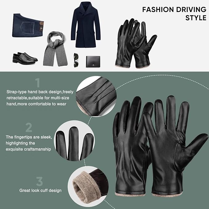 Stay warm with men's winter thermal leather touchscreen gloves, ideal for driving & phones.