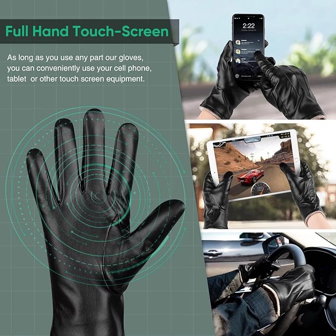 Genuine leather men's winter gloves, thermal lining & touchscreen for ultimate warmth.