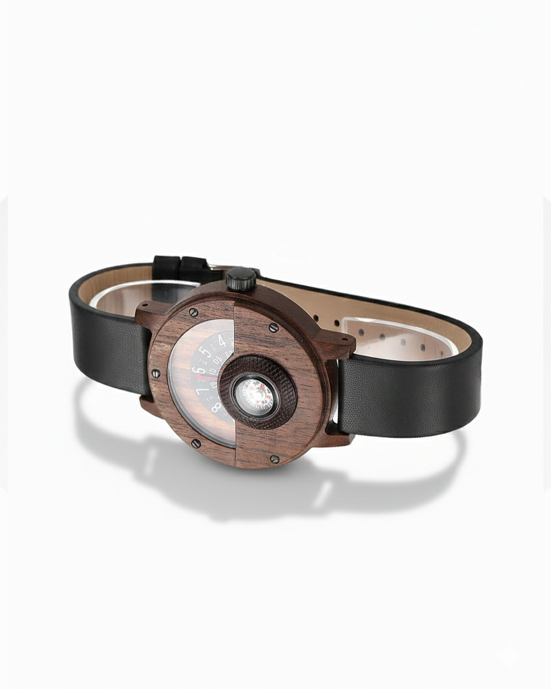 Men's wood watch with genuine leather strap & functional compass. Perfect for adventurers.