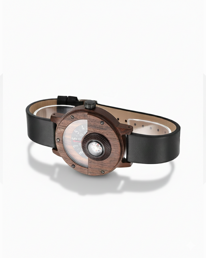 Men's wood watch with genuine leather strap & functional compass. Perfect for adventurers.