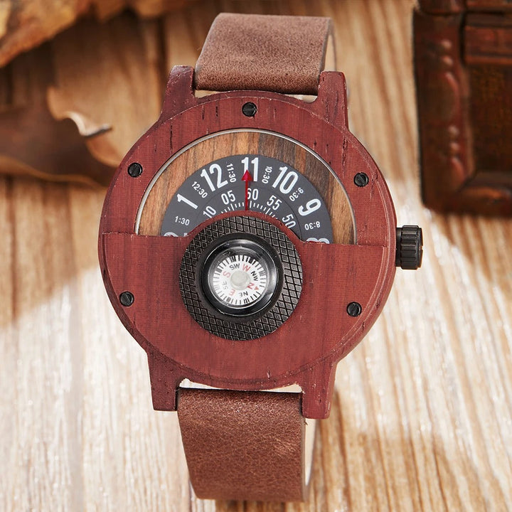 Adventure-ready men's wood watch with a sturdy leather strap, quartz precision, & built-in compass.
