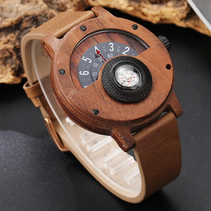 High-quality men's wood timepiece with a genuine leather strap, accurate compass, and unique rugged style.
