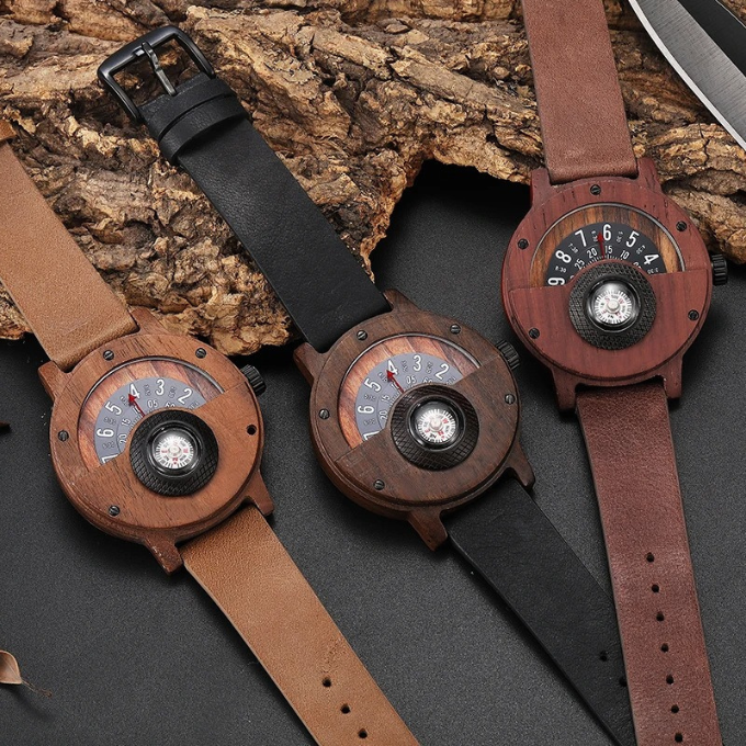Distinctive men's wood & leather watch, an ideal gentleman's gift, featuring a functional adventure compass.
