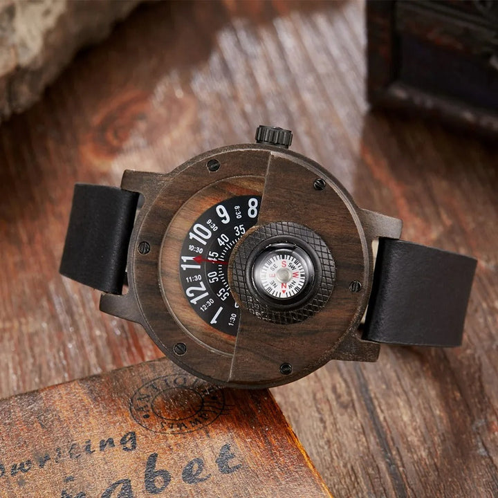 Stylish men's adventure watch made from natural wood, durable leather strap, & built-in compass.