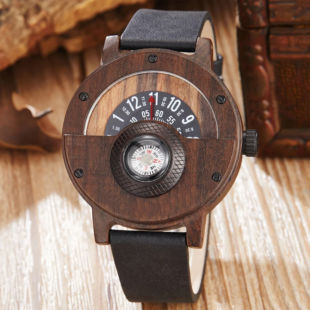 Unique men's wood watch with a genuine leather band, accurate quartz movement, & survival compass.