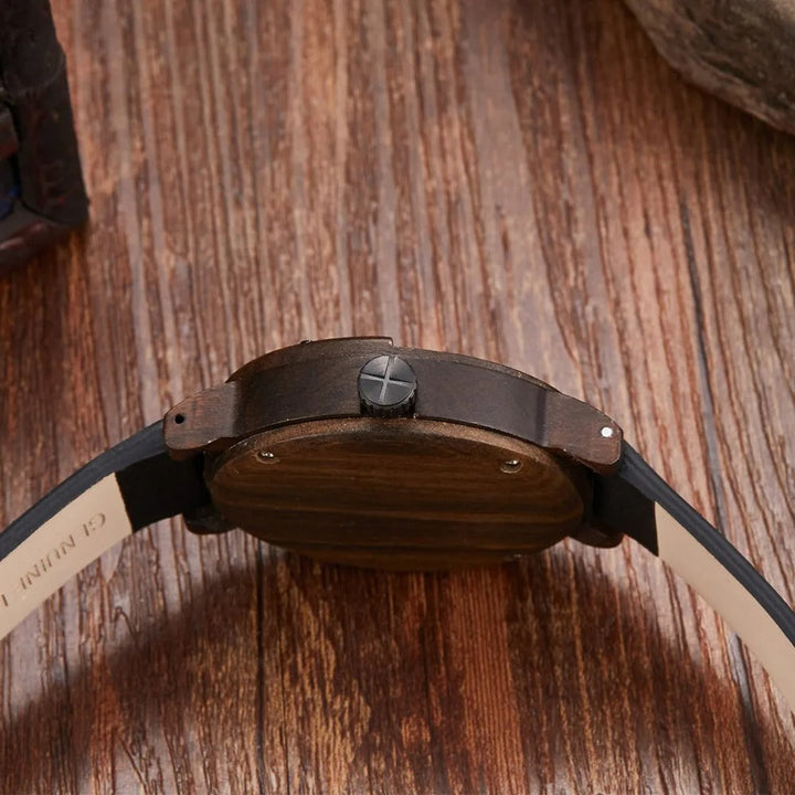 Gentleman's gift: handcrafted wood watch with a rich leather strap, compass, & adventure-ready design.