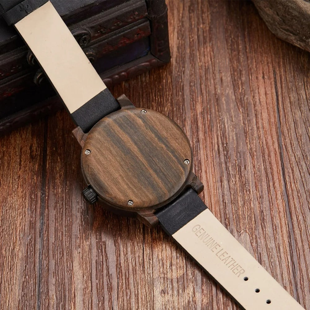Durable men's wood watch, perfect adventure gear with a rugged leather strap and integrated compass.