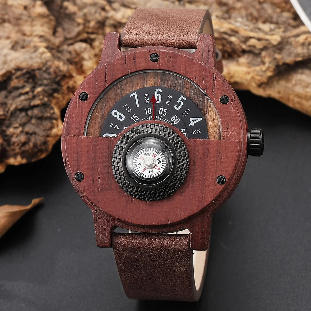 Elegant men's natural wood watch with a comfortable leather strap, quartz movement, and working compass.