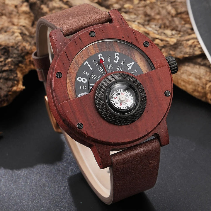 Front view of a men's unique wood watch featuring a dark leather strap and a detailed compass display.