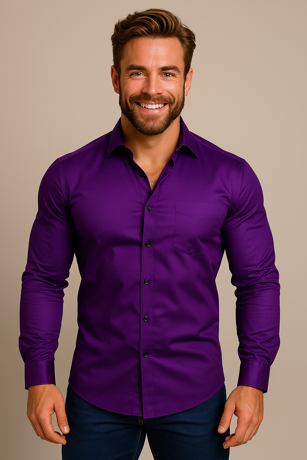 Crisp men's button-up long-sleeve shirt, wrinkle-free, ideal for travel or busy days.