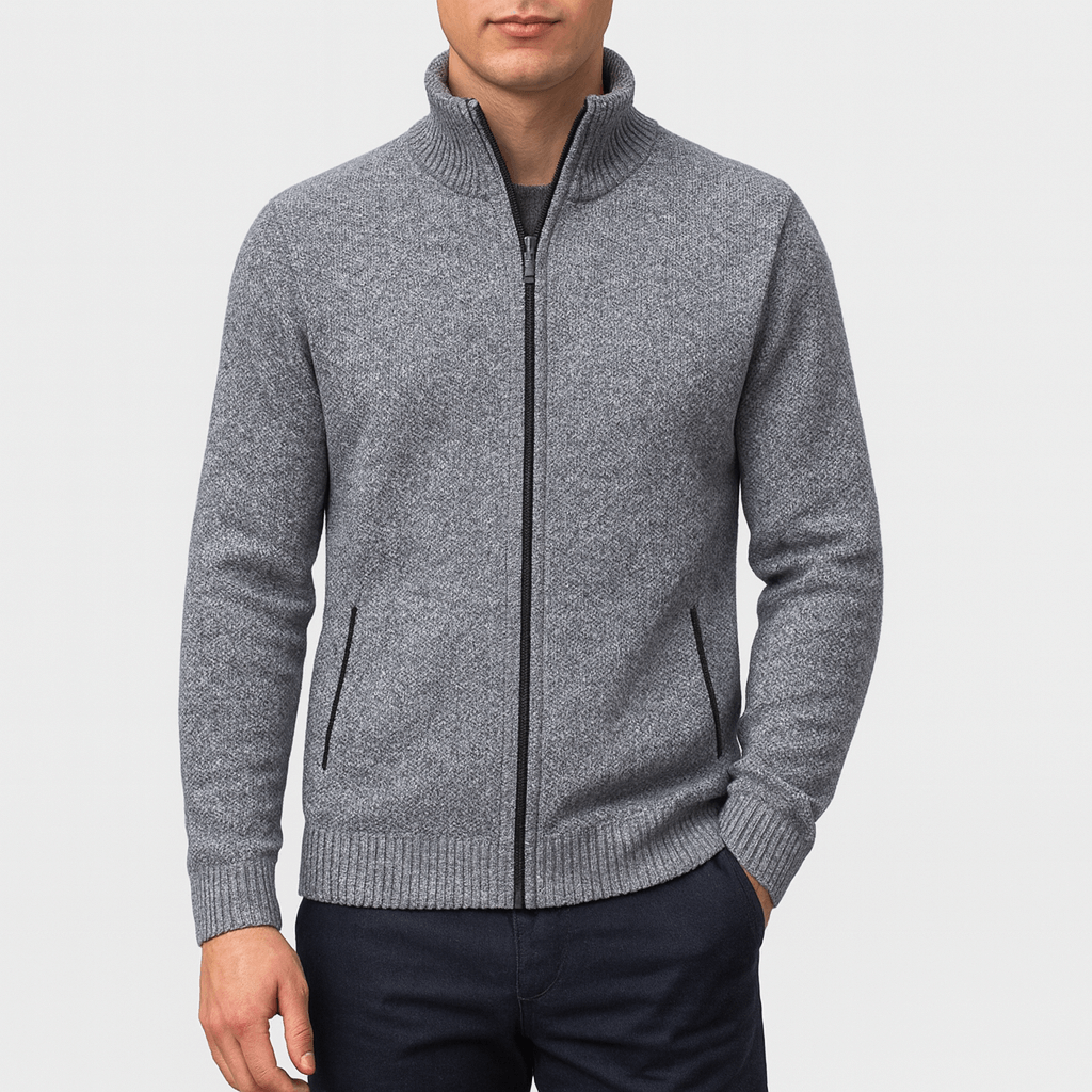 Warm men's zip collar cardigan, an essential layering piece for fall fashion and winter wear, offering effortless style.