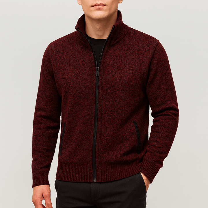 Stylish men's zip collar cardigan for smart casual or business casual outfits, a versatile layering piece for men's apparel.