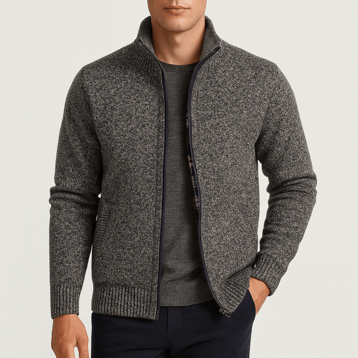 Comfortable men's zip collar cardigan, ideal for everyday wear, providing warmth and a versatile, effortless look.