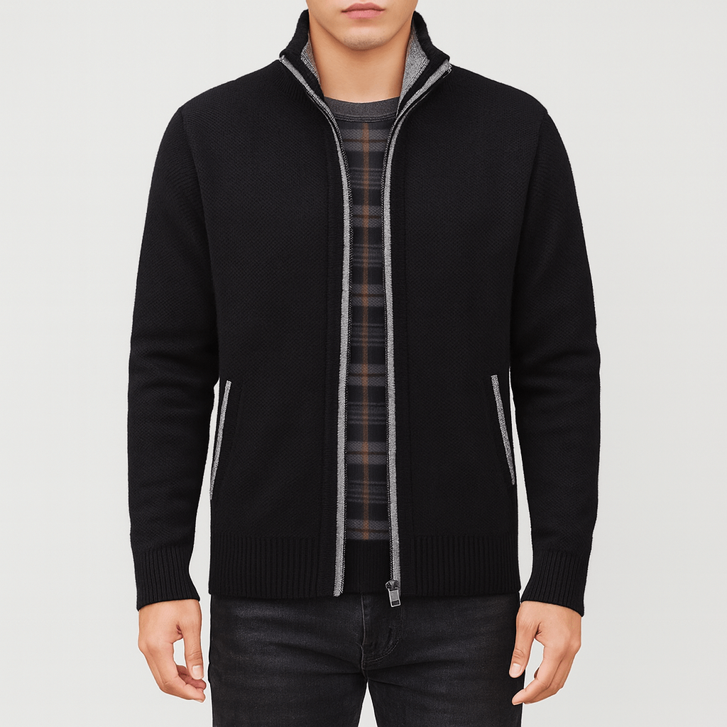 Effortless men's zip collar cardigan for fall and winter, a smart casual layering piece for modern men's fashion.