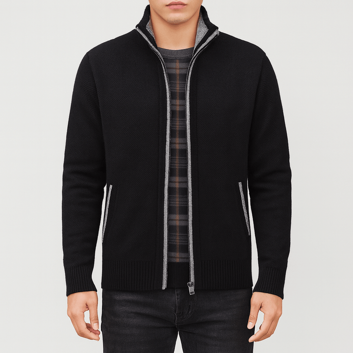 Effortless men's zip collar cardigan for fall and winter, a smart casual layering piece for modern men's fashion.