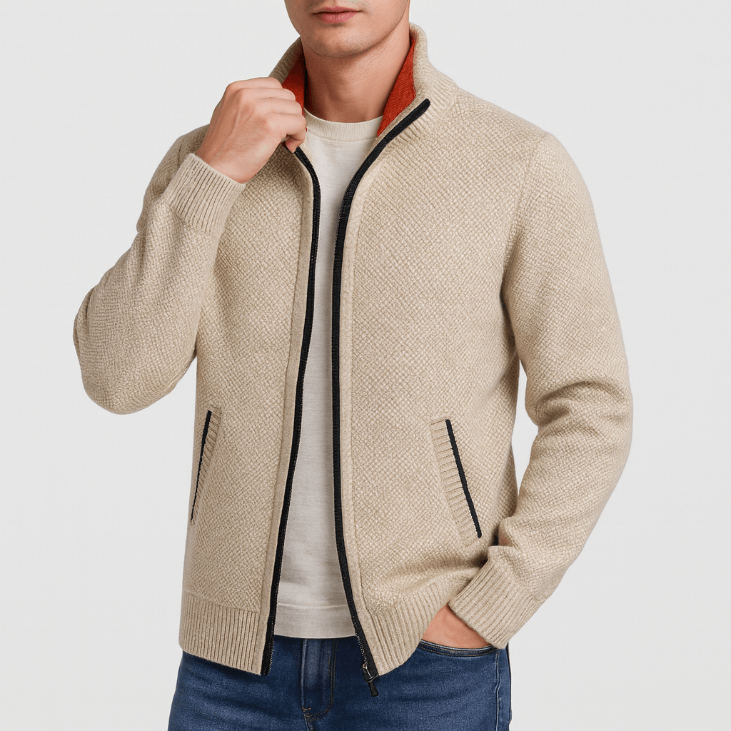 Men's zip collar cardigan. Refined knit, ideal for stylish layering & smart casual looks.