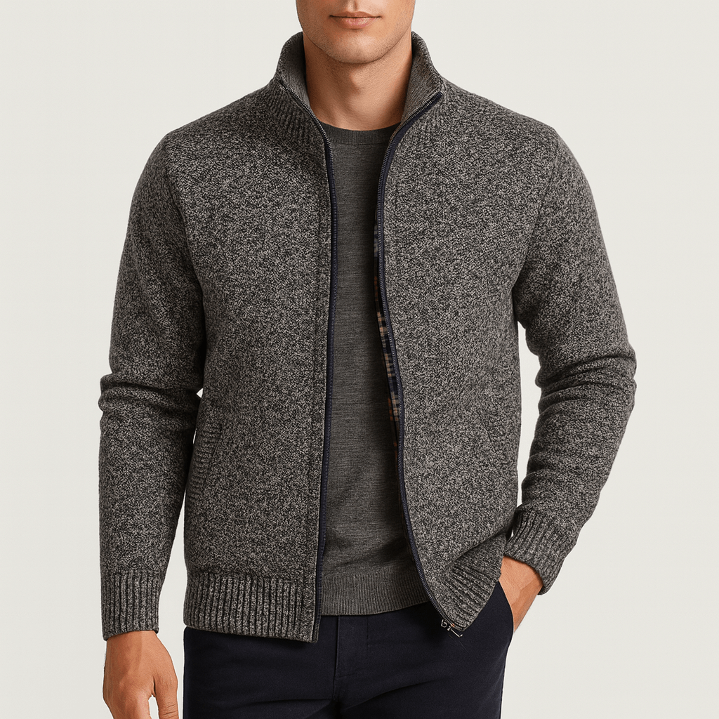 Stylish men's zip-collar cardigan. A comfortable, versatile layering piece for casual & smart-casual wear.