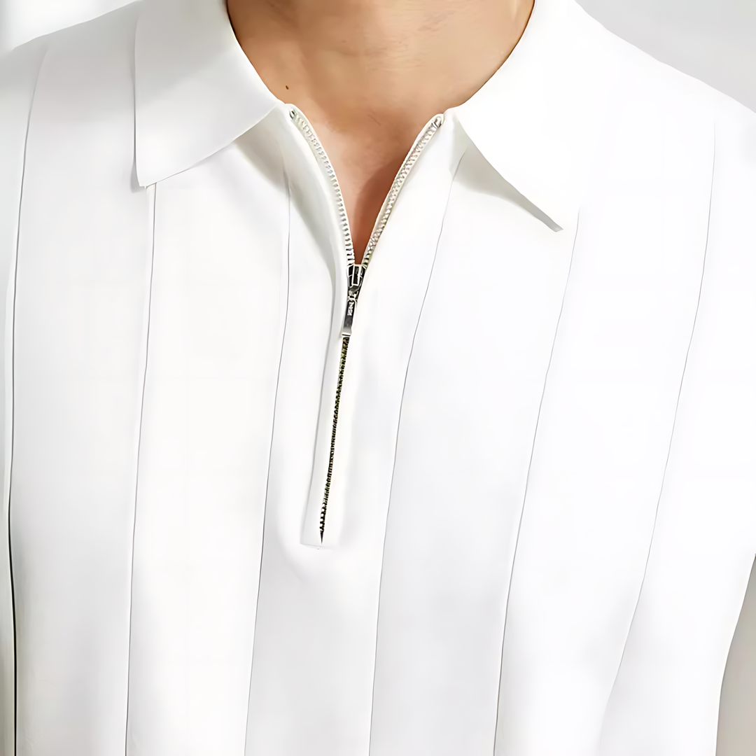 Tailored men's ribbed polo shirt with zip neck, offering smart casual fashion and comfort.