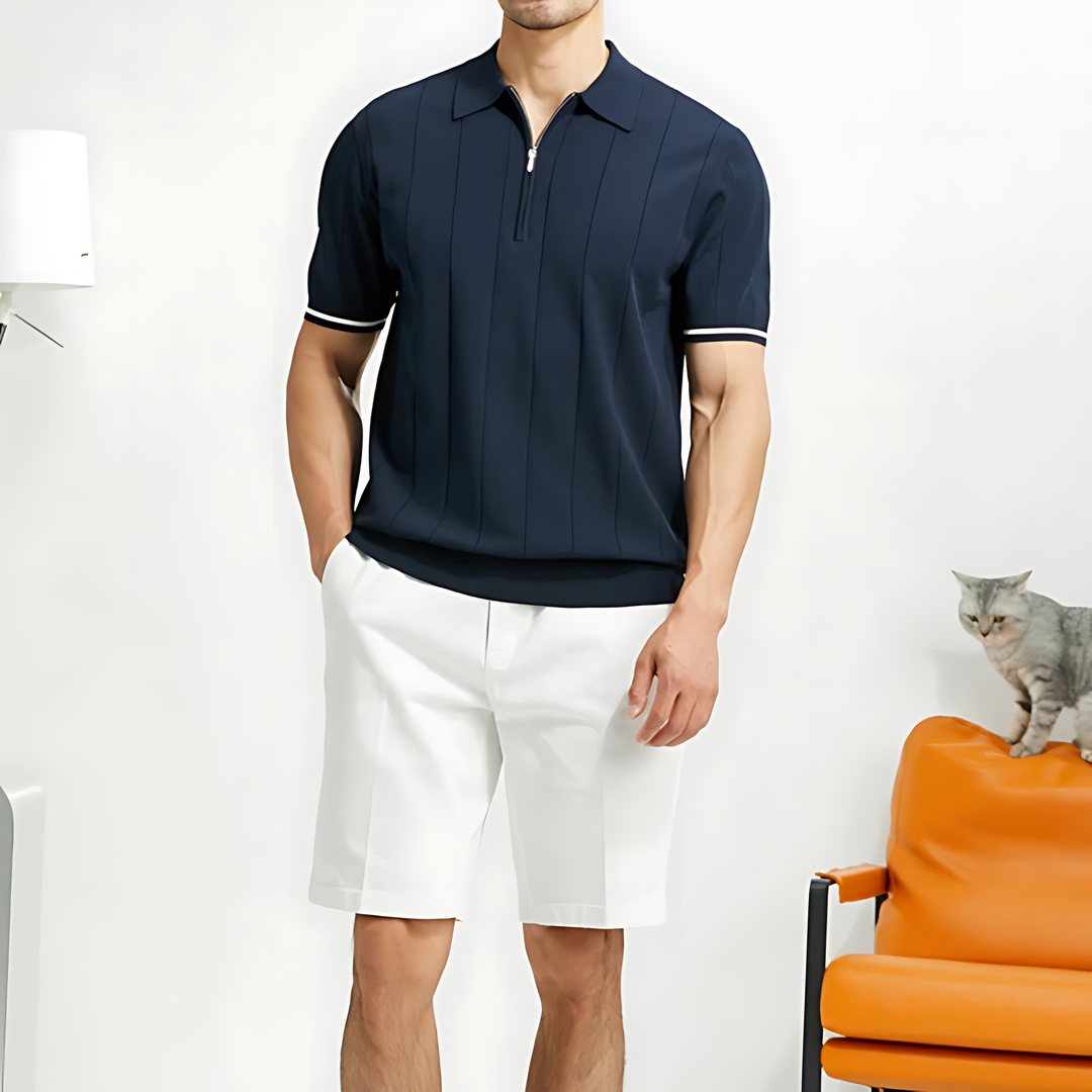 Stylish men's tailored polo shirt with zip neck & ribbed texture, a versatile smart casual top.