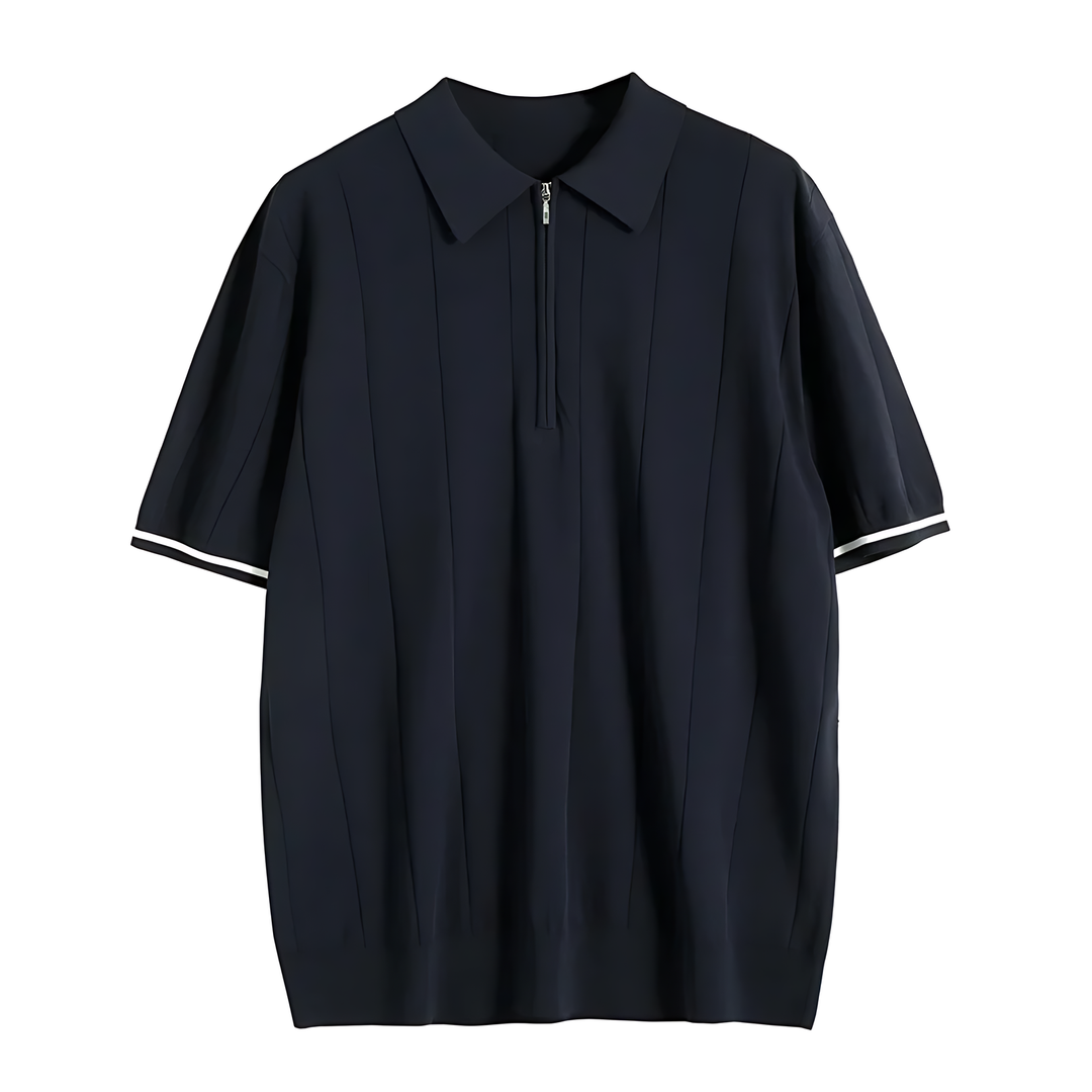 Men's Zip-Neck Ribbed Polo Shirt, short sleeve, tailored fit for smart casual fashion & comfort.