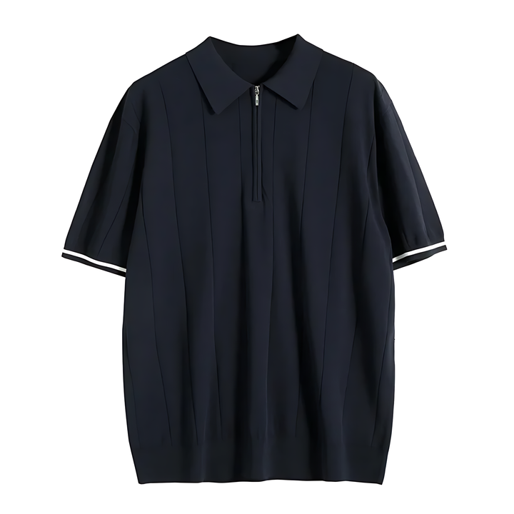 Men's Zip-Neck Ribbed Polo Shirt, short sleeve, tailored fit for smart casual fashion & comfort.