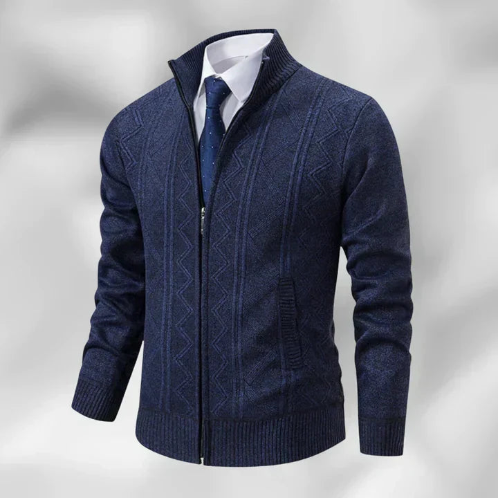 Men's zip-up cardigan with stand collar, perfect for smart casual or business wear. Tailored fit for autumn fashion.