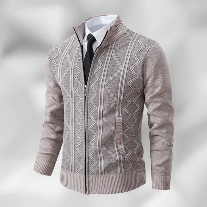 Comfortable men's zip-up cardigan, stand collar. Ideal layering piece for autumn & winter fashion. Classic style.