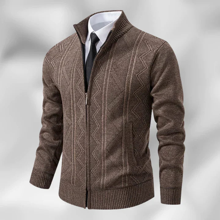Stylish men's zip-up cardigan, stand collar. Tailored fit for business wear & smart casual looks. Versatile autumn layer.