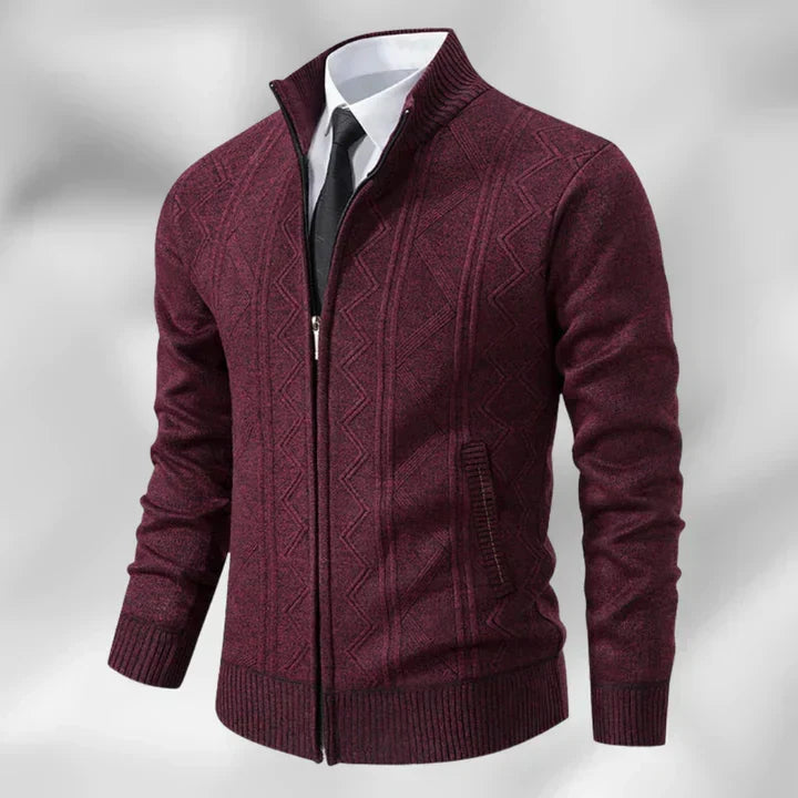Classic men's zip-up cardigan with stand collar. A comfortable, tailored layering piece for autumn & winter smart casual.