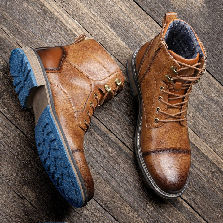 Men's dress lace-up cap toe ankle boots with convenient side zip. Ideal for casual & formal wear.