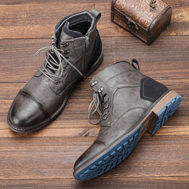 Classic men's fashion lace-up cap toe ankle boots, versatile for both dress and casual attire.