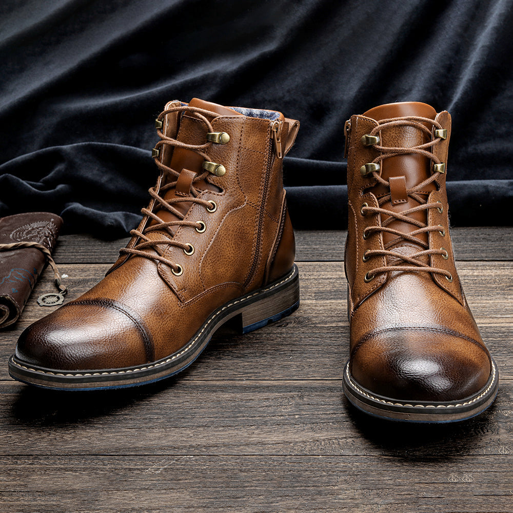 Sophisticated men's lace-up cap toe ankle boots, a must-have for modern men's fashion.