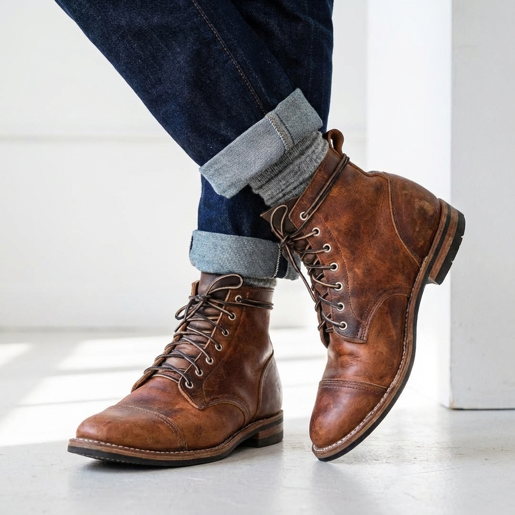 Men's distressed lace-up cap toe ankle boots. Durable, stylish footwear for casual and modern fashion.