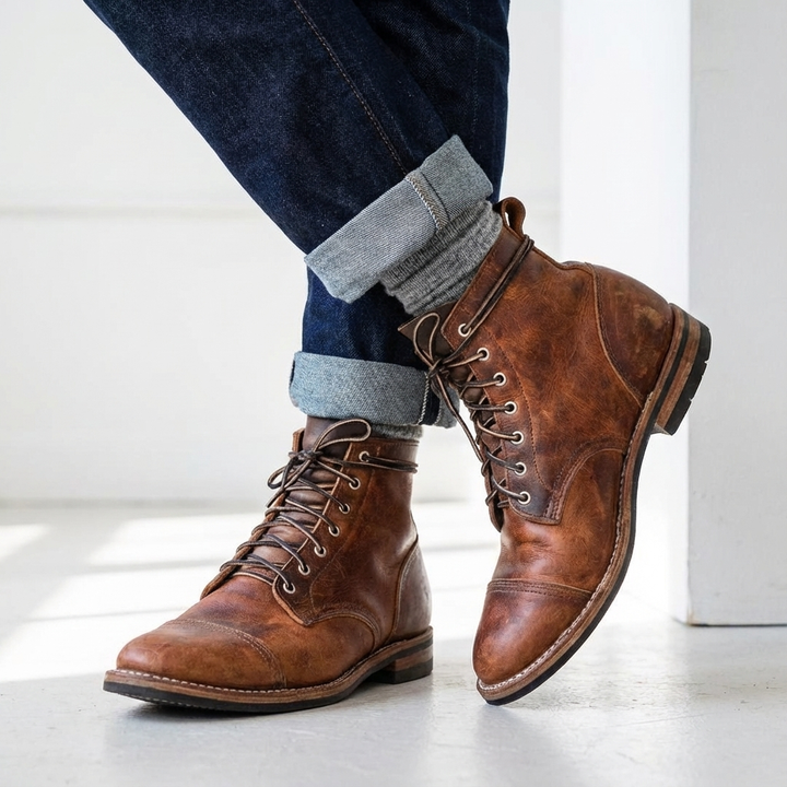 Men's distressed lace-up cap toe ankle boots. Durable, stylish footwear for casual and modern fashion.