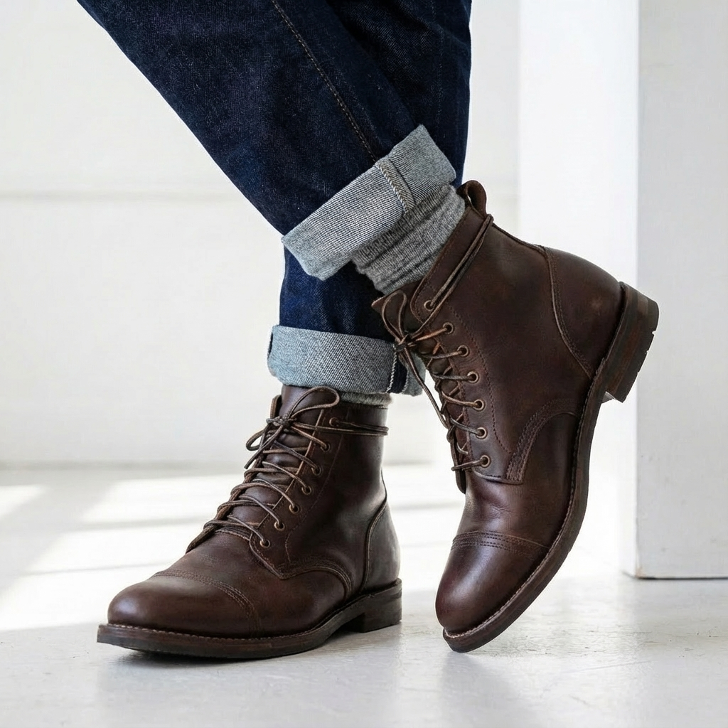 Classic men's lace-up ankle boots with a unique distressed finish and cap toe design. Versatile men's shoes.