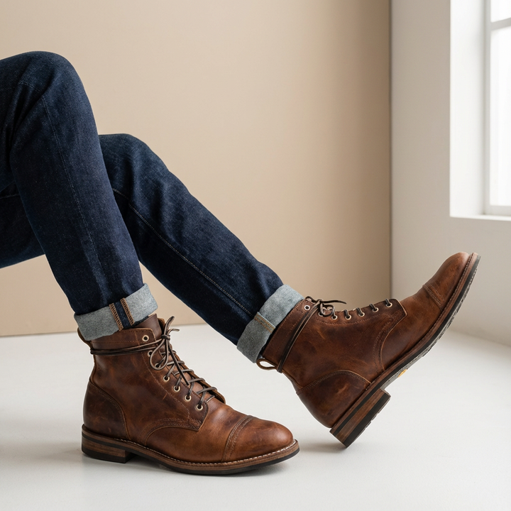 Stylish men's cap toe ankle boots with lace-up detail & distressed finish. Perfect for everyday casual fashion.
