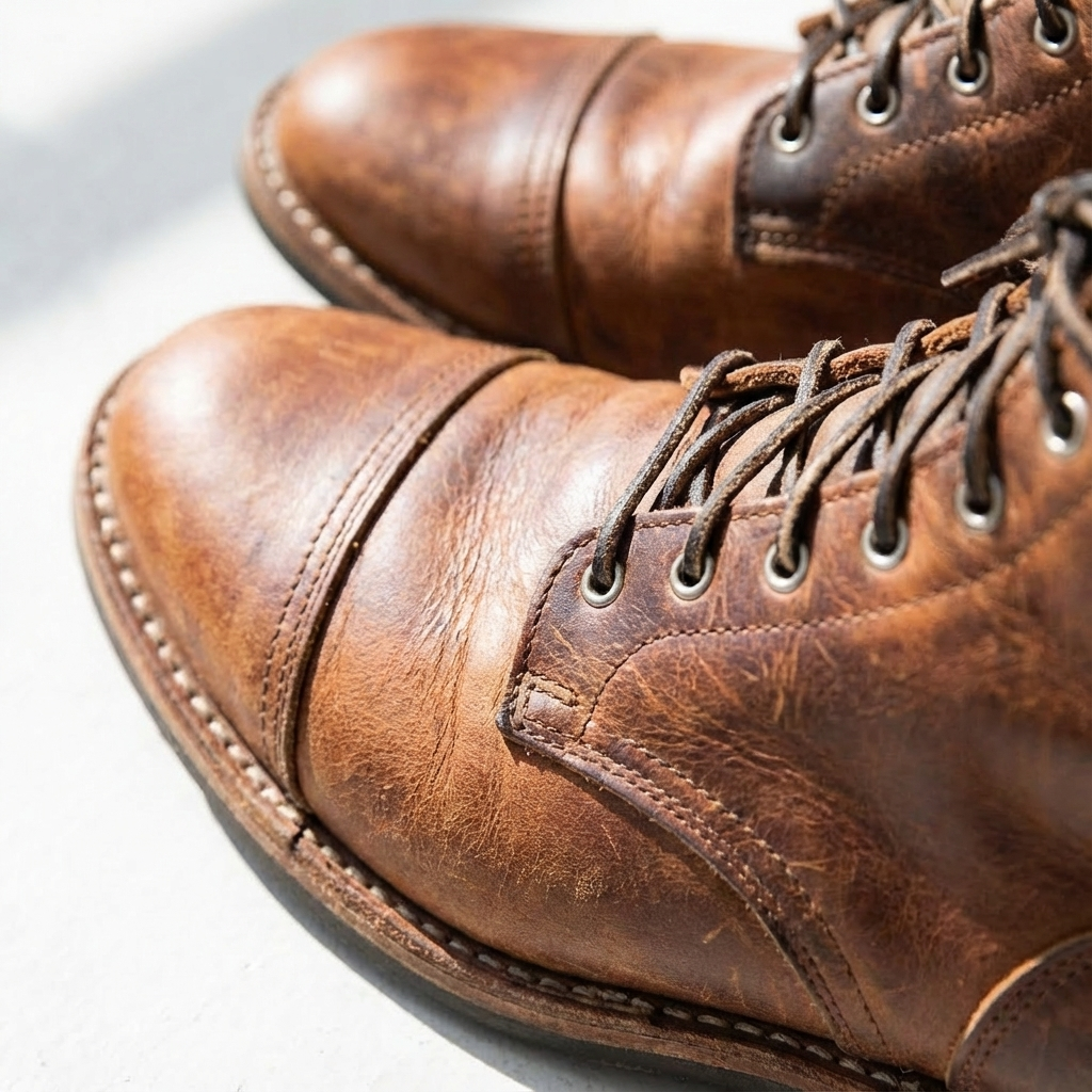 High-quality men's lace-up ankle boots, featuring a distinctive distressed finish and elegant cap toe design.