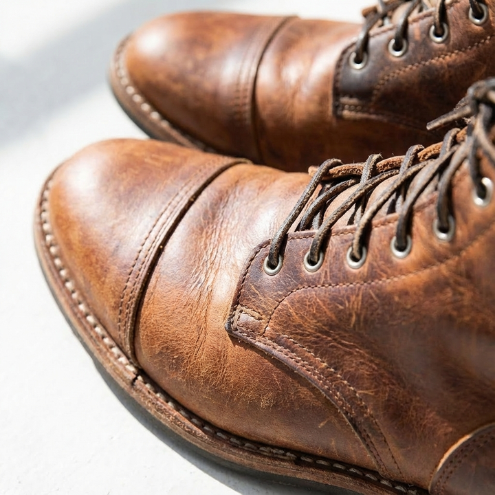 High-quality men's lace-up ankle boots, featuring a distinctive distressed finish and elegant cap toe design.