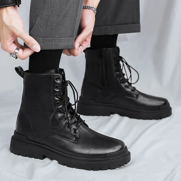 Men's durable black combat boots with lace-up front, convenient side zip, and rugged military style.